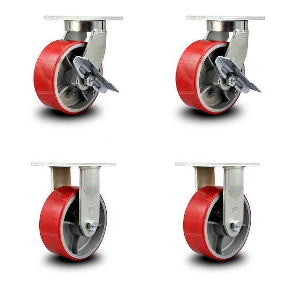 8 Inch Heavy Duty Red Poly on Cast Iron Wheel Caster Brakes 2 Rigid SCC, 2PK